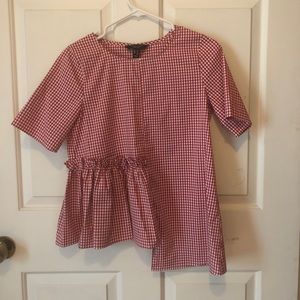 Zara red gingham asymmetrical satin top.